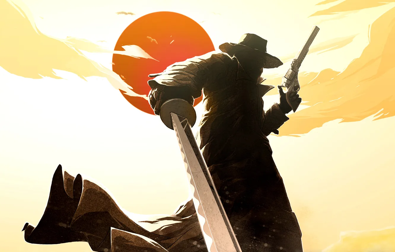 Photo wallpaper the sun, katana, revolver, red steel, West, wild