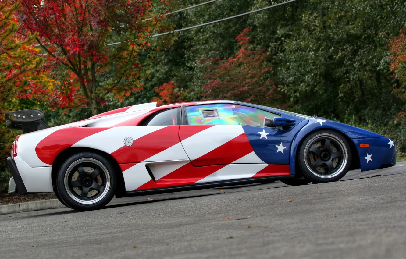 Photo wallpaper trees, tuning, side view, Lamborghini, Diablo, SVR, Lamborghini Diablo