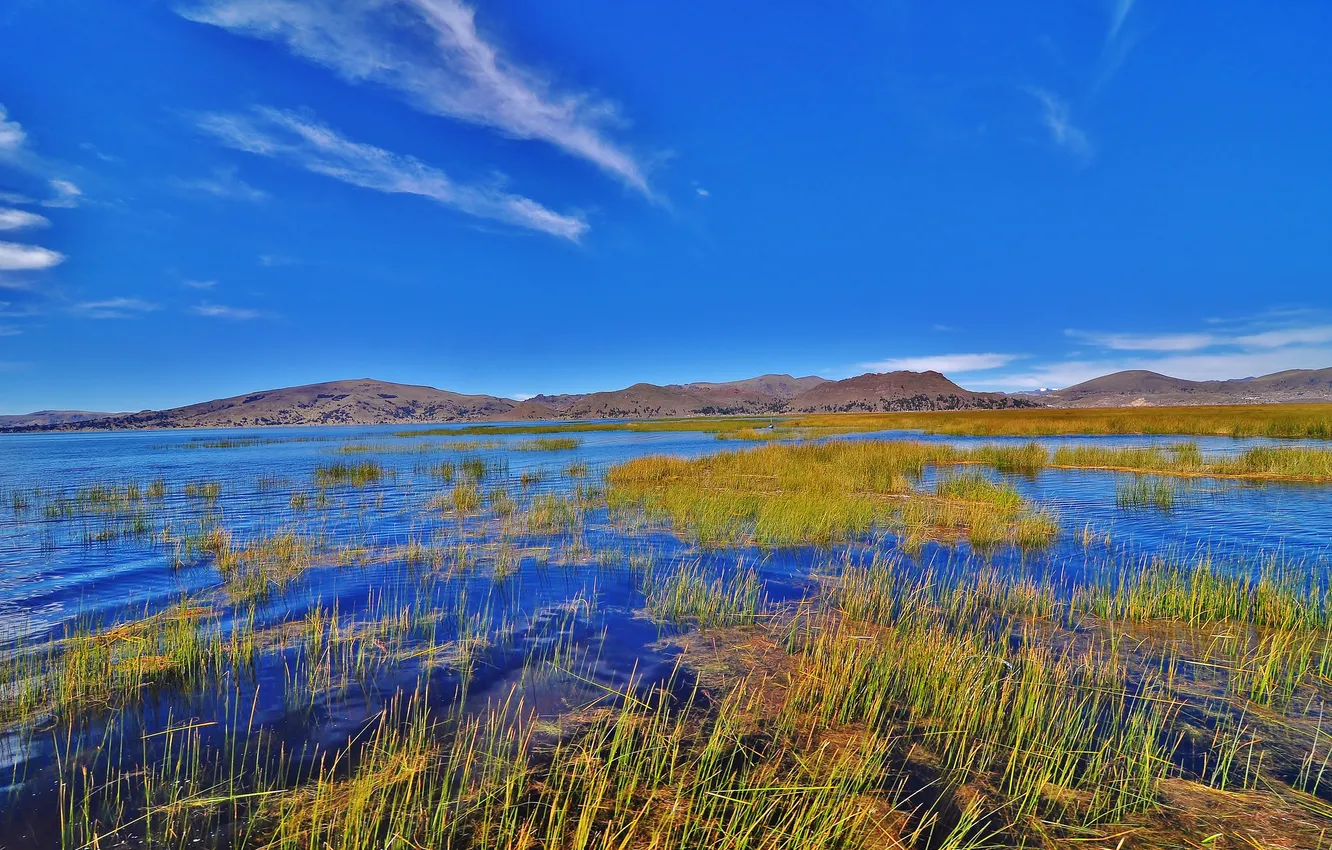 Photo wallpaper the sky, grass, clouds, mountains, lake