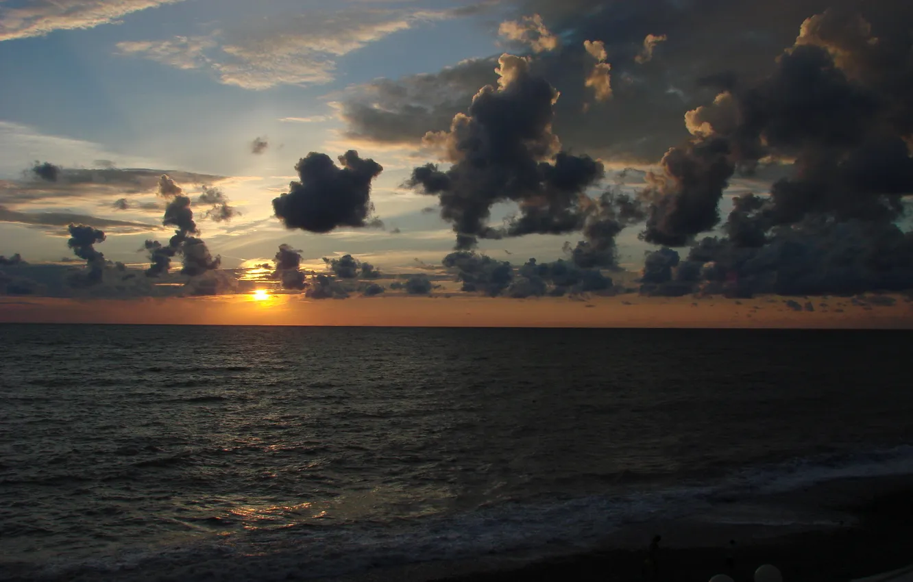 Photo wallpaper sea, the sun, clouds, sunset, the evening