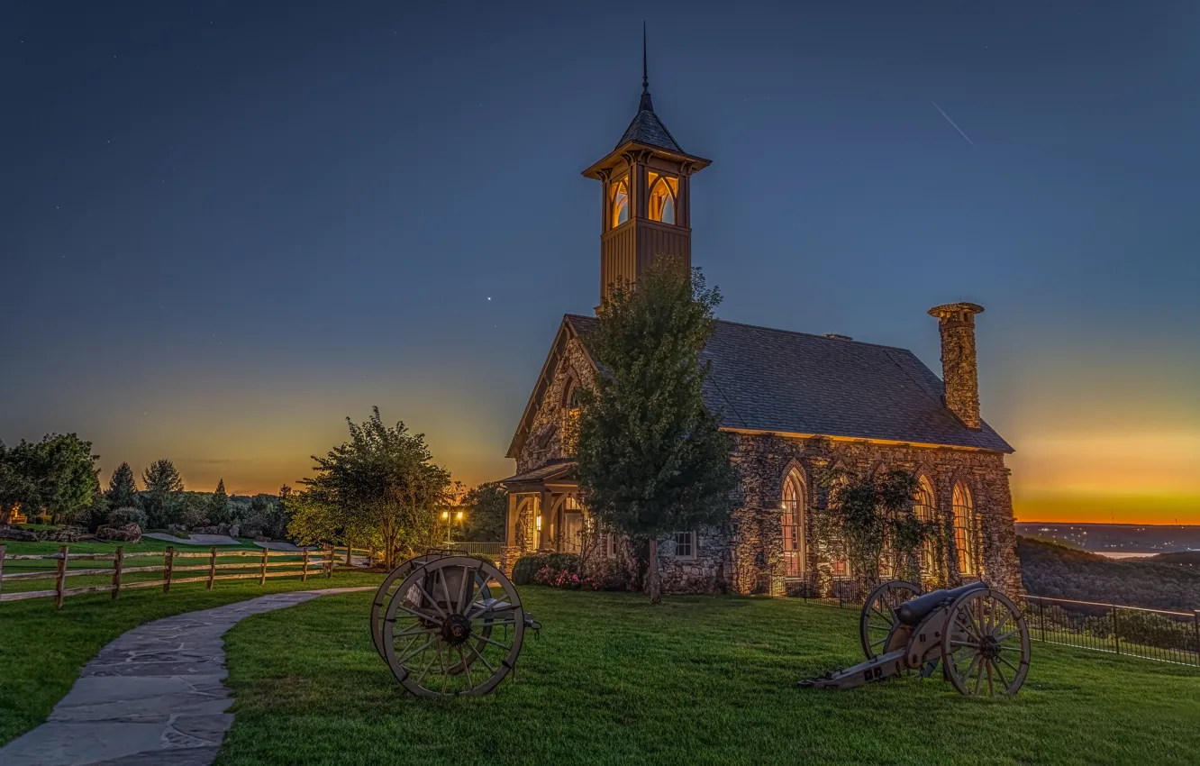 Photo wallpaper sunset, gun, Missouri, chapel, lawn, Missouri, Chapel of the Ozarks, Ridgedale