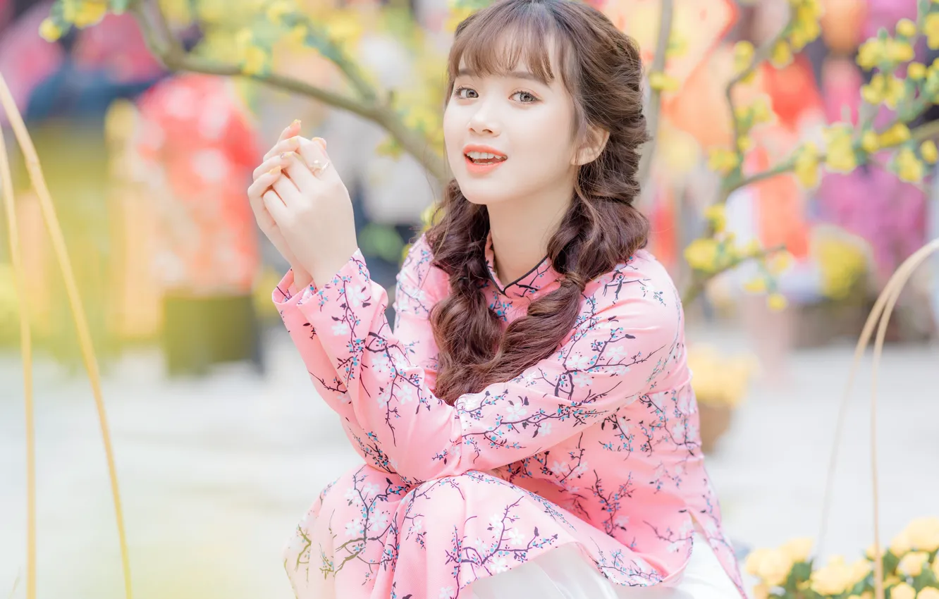 Photo wallpaper girl, flowers, nature, face, pose, makeup, garden, Asian