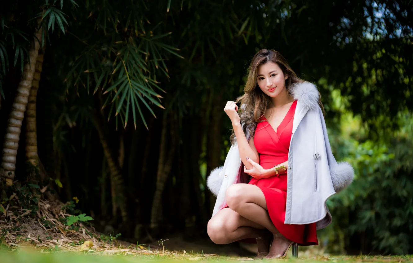 Photo wallpaper girl, dress, Asian, sitting, coat, bokeh, knees
