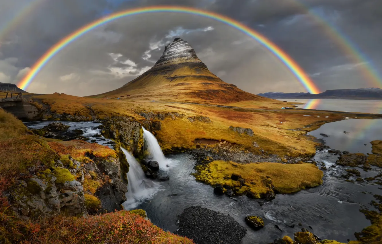 Photo wallpaper nature, mountain, waterfall, rainbow