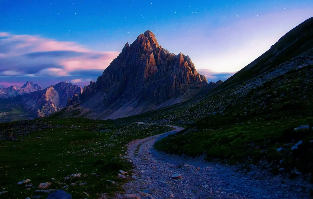 Photo wallpaper sunset, mountains, path