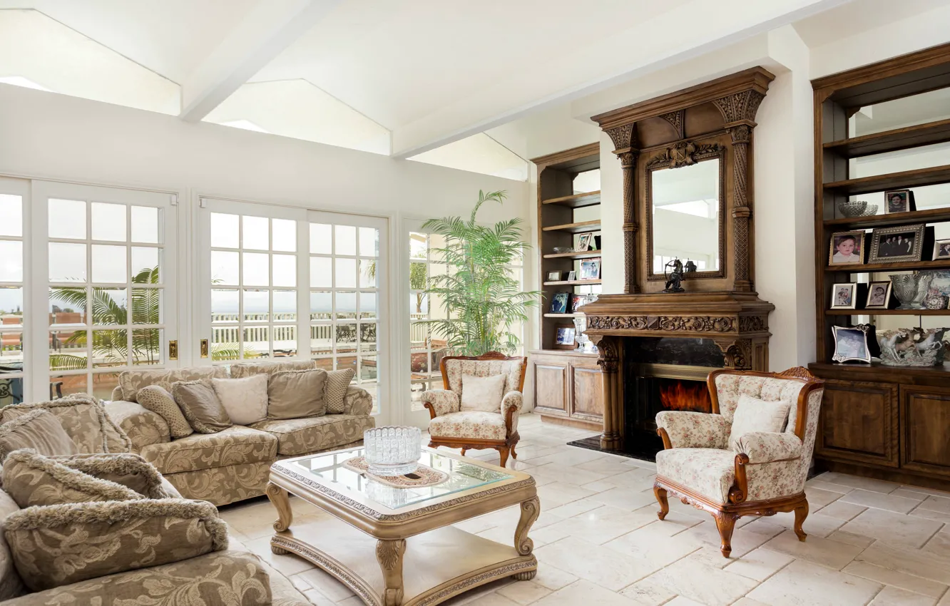 Photo wallpaper design, table, sofa, chair, pillow, mirror, window, fireplace