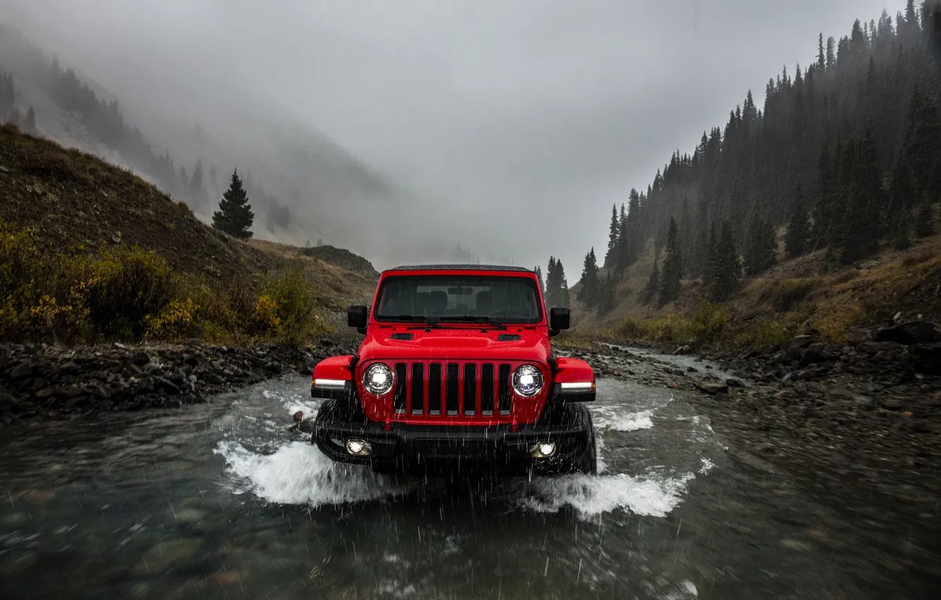 Photo wallpaper water, red, rain, overcast, 2018, Jeep, Wrangler Rubicon