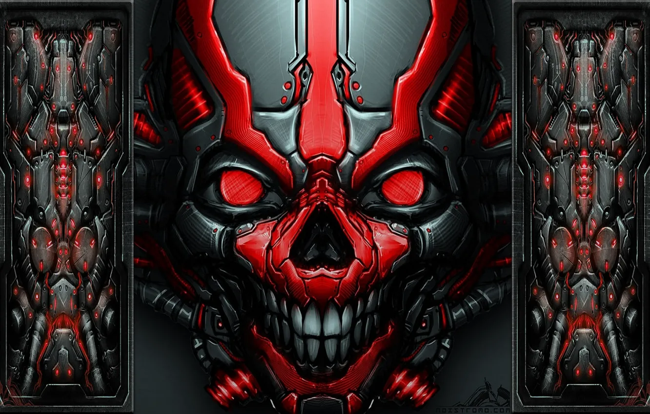 Photo wallpaper skull, red, metallic, mech skull