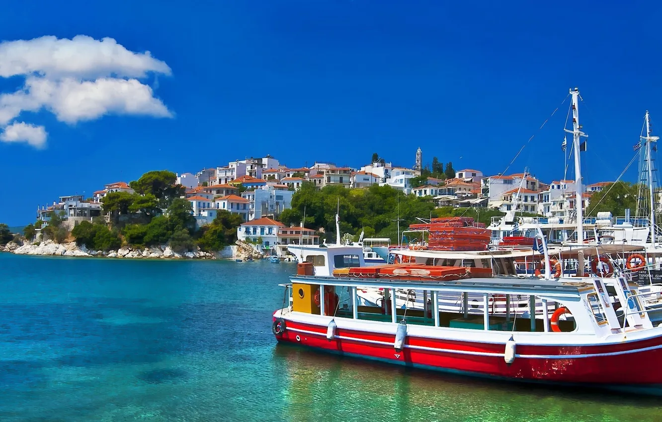 Photo wallpaper sea, shore, yacht, harbour