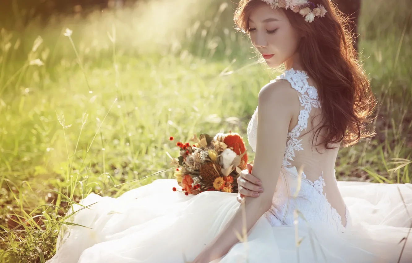 Photo wallpaper girl, light, bouquet, dress, Asian, the bride