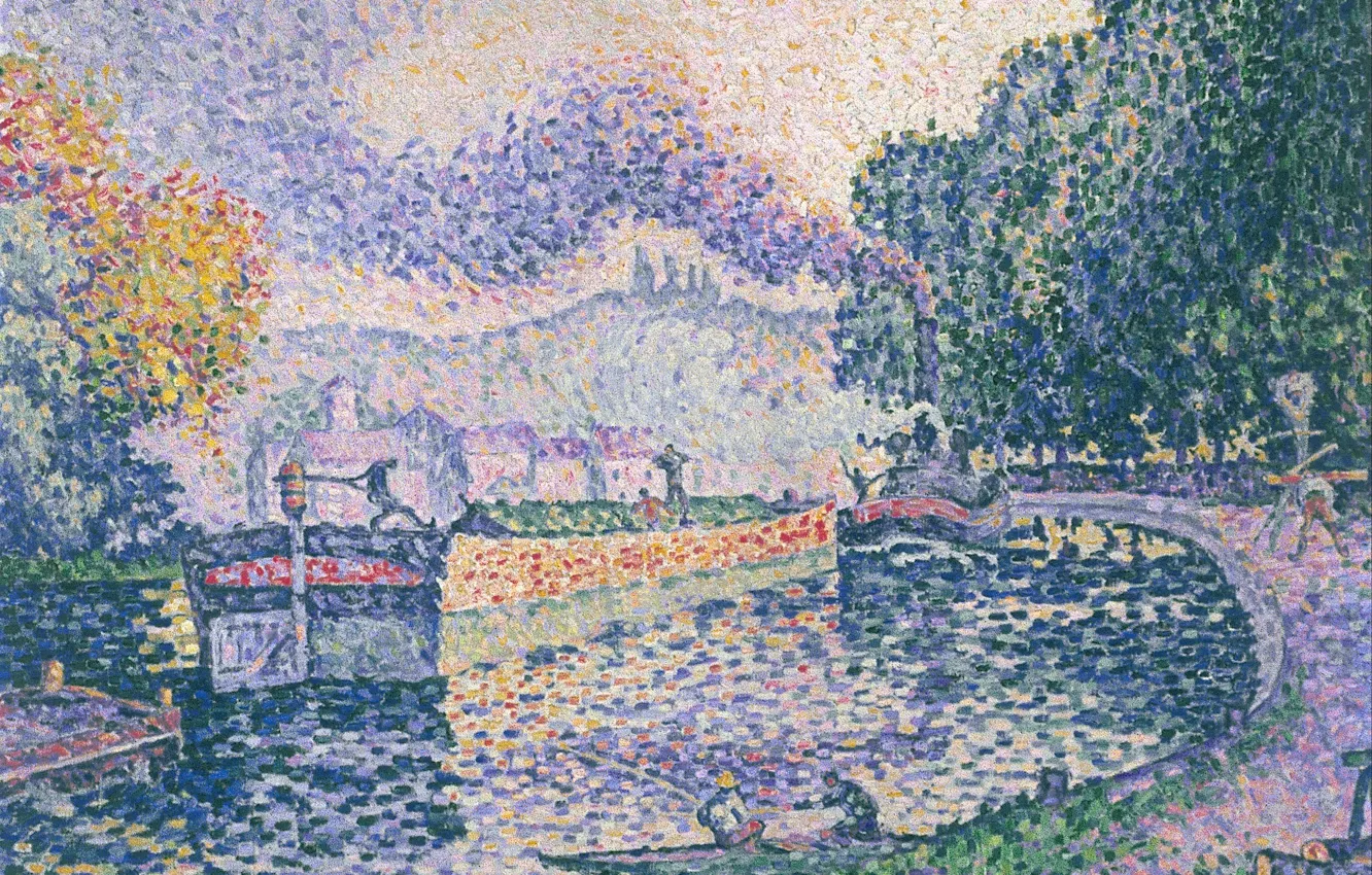 Photo wallpaper landscape, picture, Paul Signac, pointillism, Tow. Canal in Samois