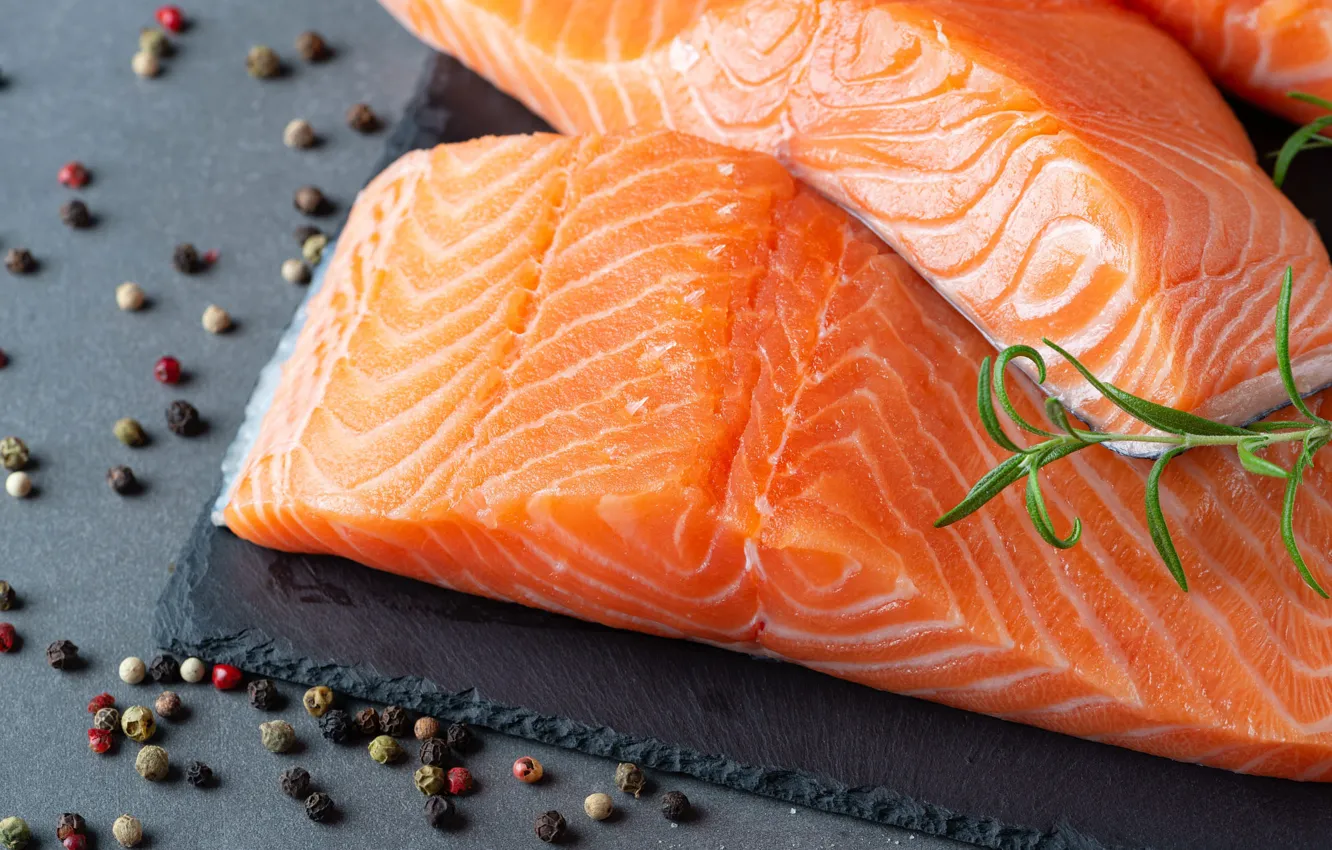 Photo wallpaper fish, pepper, piece, spices, fillet, red fish