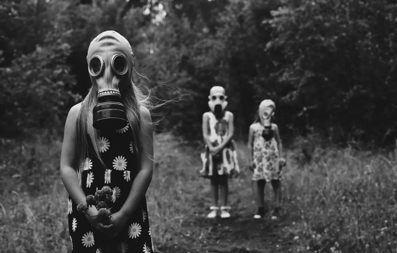 Photo wallpaper nature, girl, gas mask, summer girls