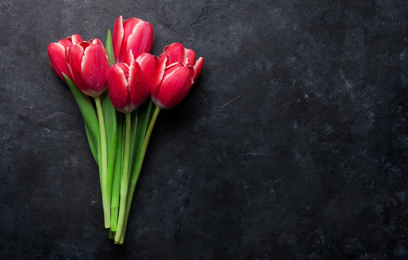 Photo wallpaper flowers, red, bouquet, tulips, red, wood, flowers, romantic
