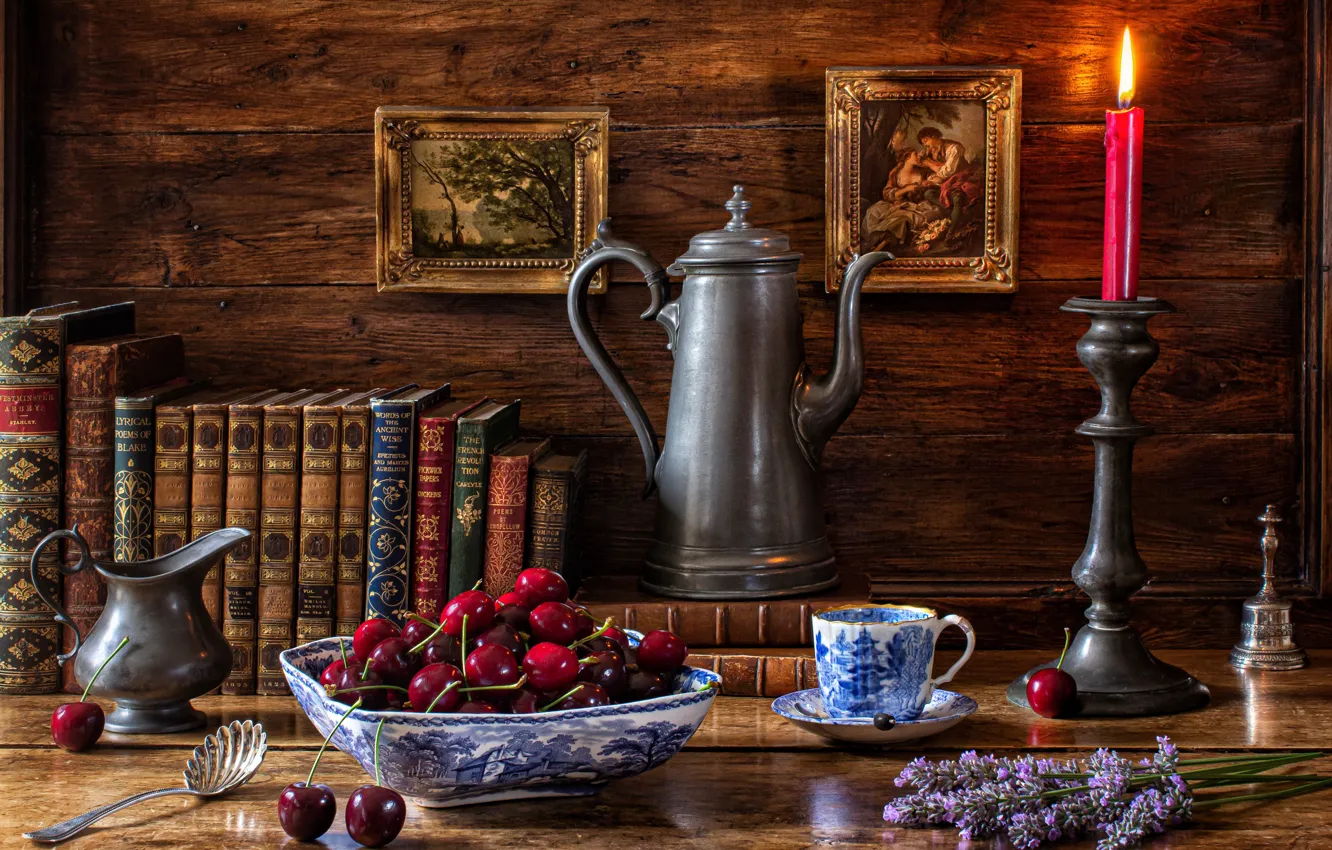 Photo wallpaper flowers, cherry, style, picture, candles, mug, Cup, book