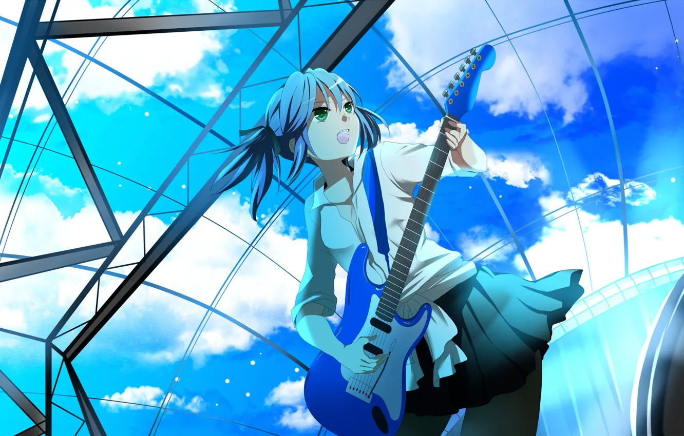 Photo wallpaper the sky, clouds, guitar, vocaloid, hatsune miku