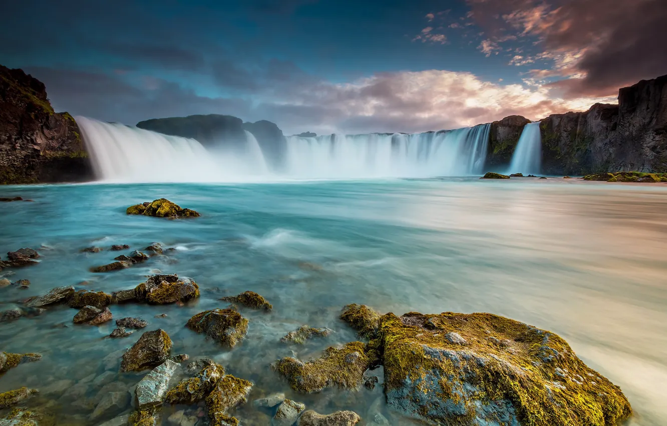 Photo wallpaper the sky, landscape, mountains, river, stones, waterfall, Iceland