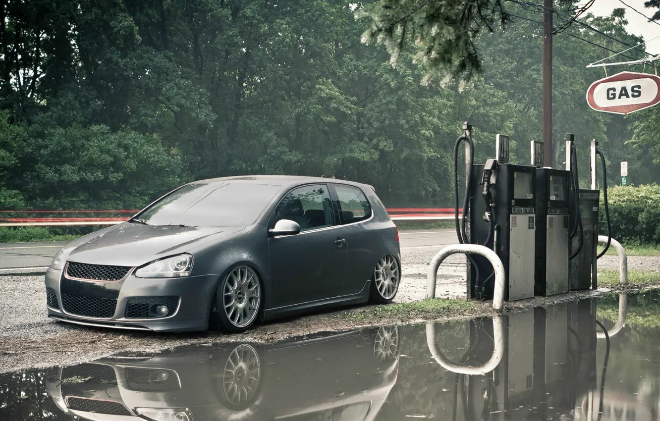 Photo wallpaper road, dressing, Volkswagen, puddle, Golf, gas