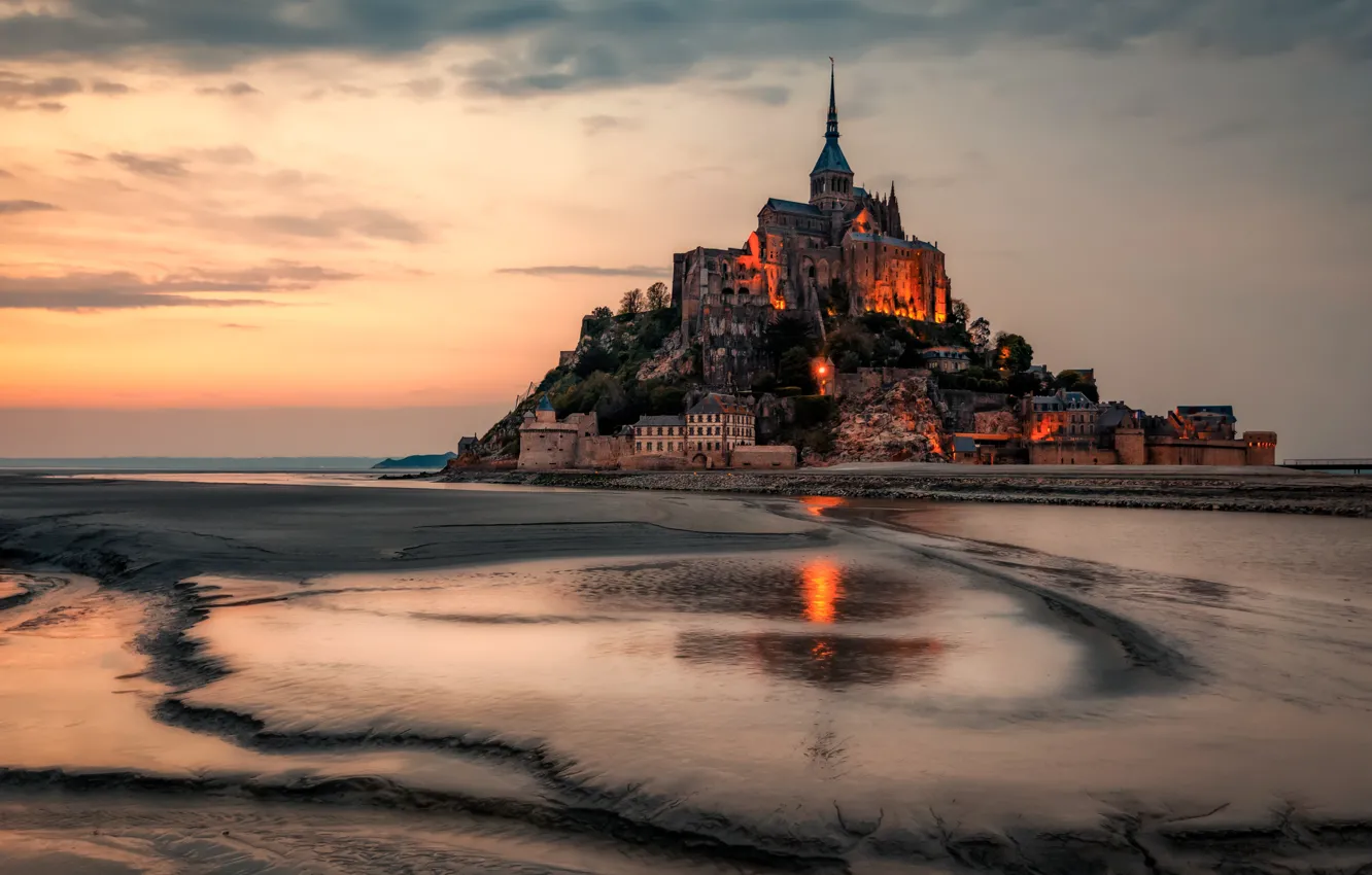 Photo wallpaper water, landscape, coast, France, the evening, Mont-Saint-Michel, the island fortress of, Alexander the Silent