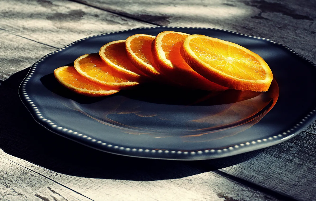 Photo wallpaper light, the dark background, table, Board, oranges, plate, black, circles