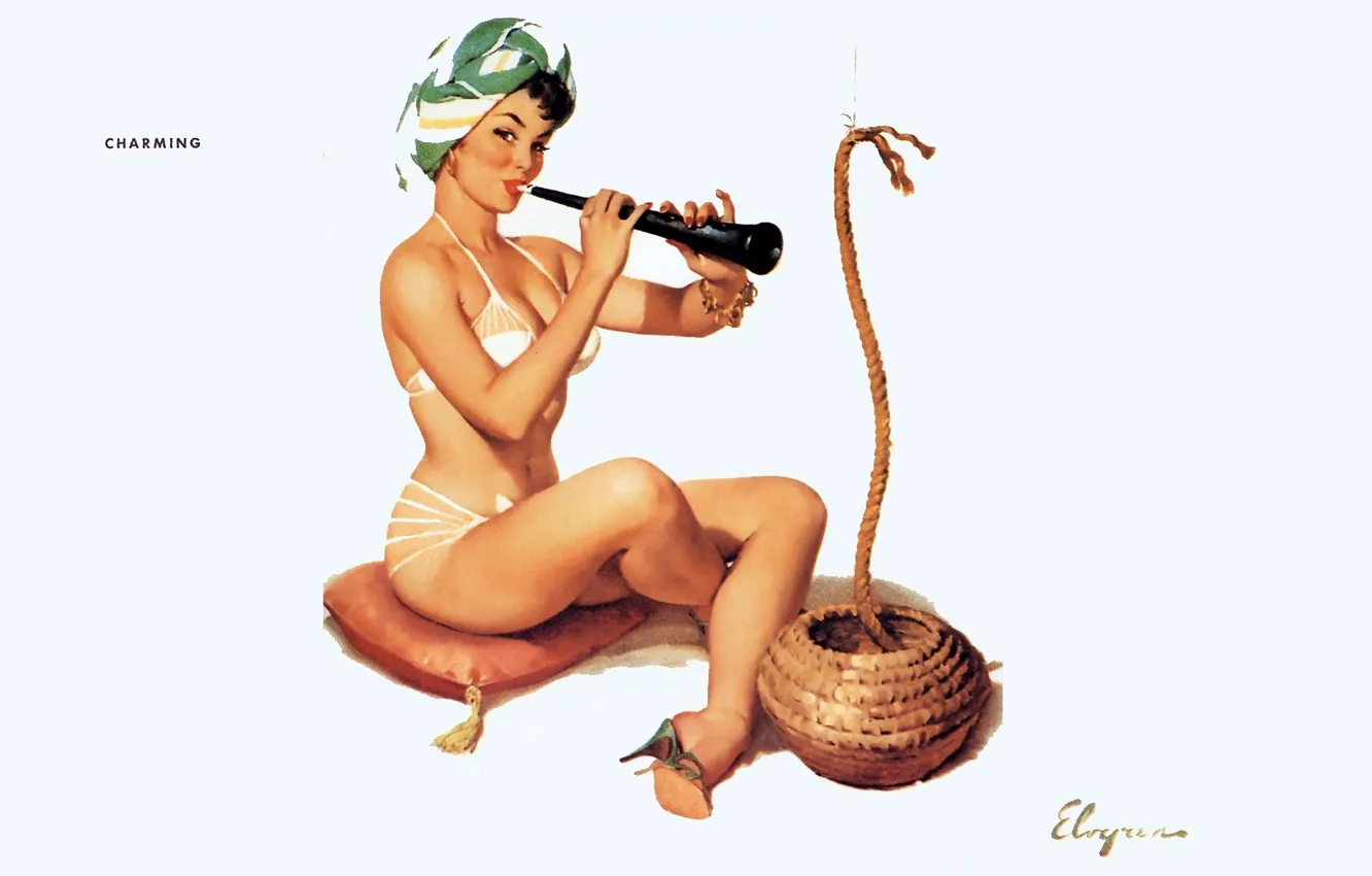 Photo wallpaper girl, rope, pillow, art, flirting, Dudka, pin-up, charming