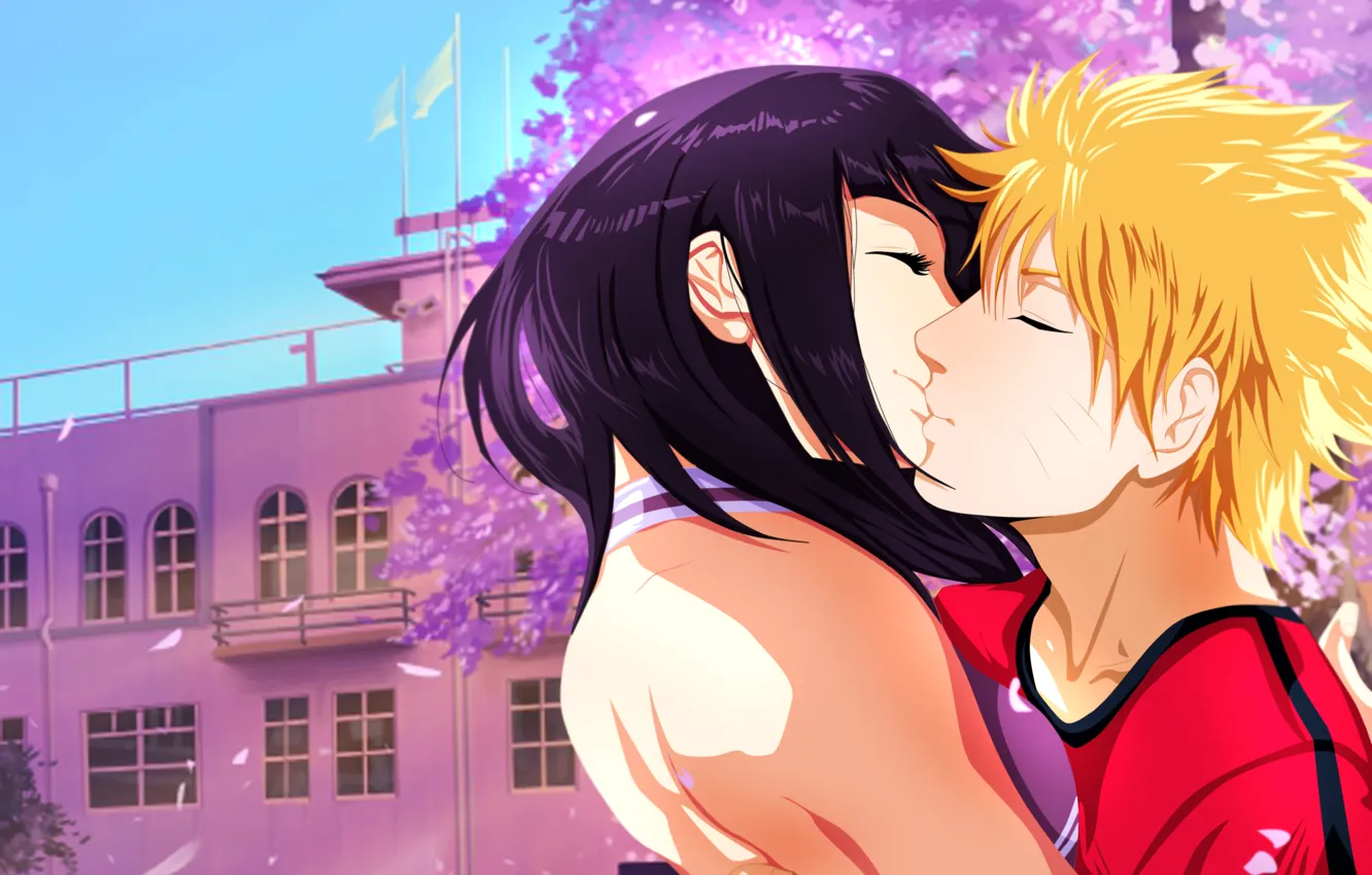 Photo wallpaper girl, the building, kiss, Sakura, art, pair, guy, naruto