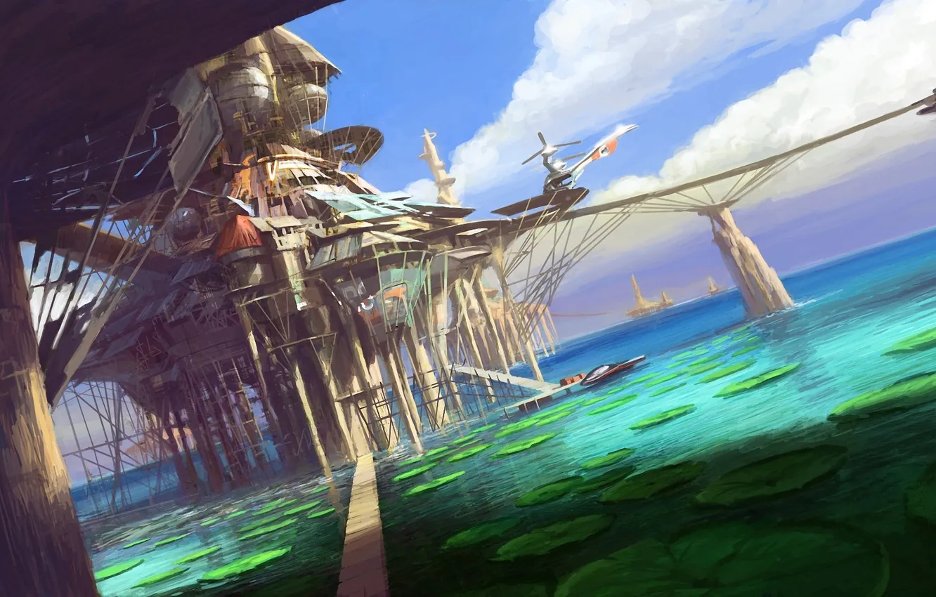 Photo wallpaper leaves, bridge, the city, pond, future, round, helicopter, art. sea