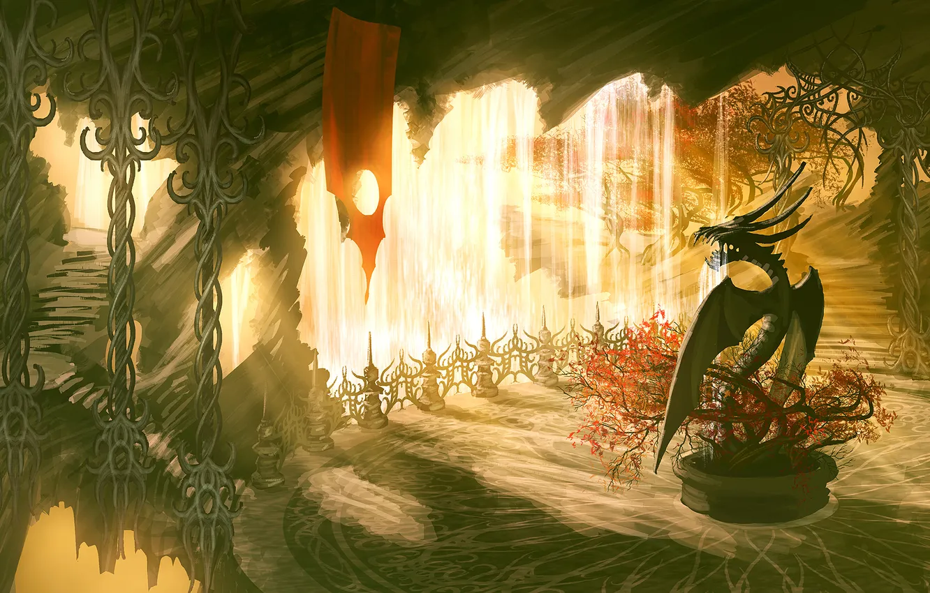 Photo wallpaper trees, bridge, the city, dragon, plant, waterfall, statue, Blades of time