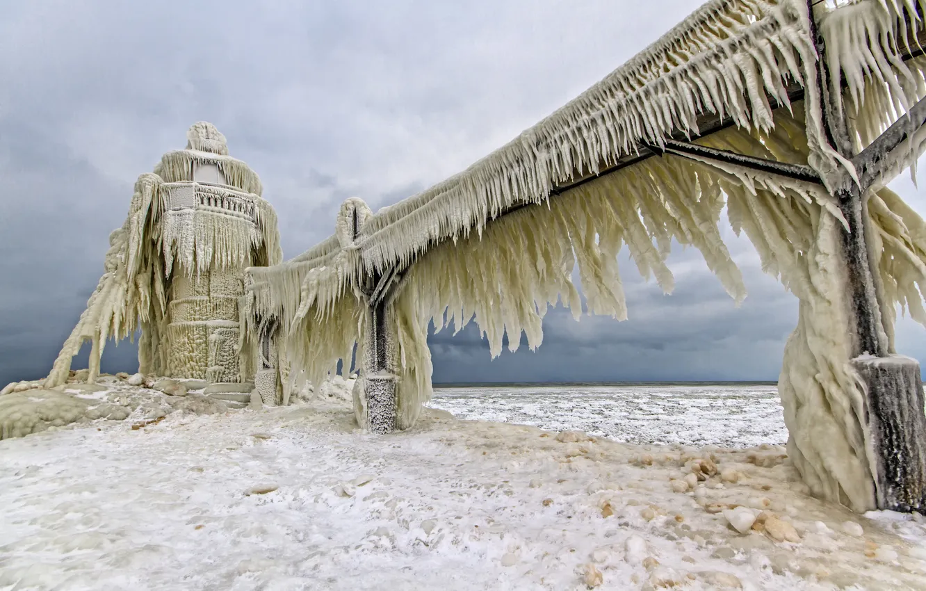 Photo wallpaper element, lighthouse, ice, frost, lake Michigan, Lake Michigan