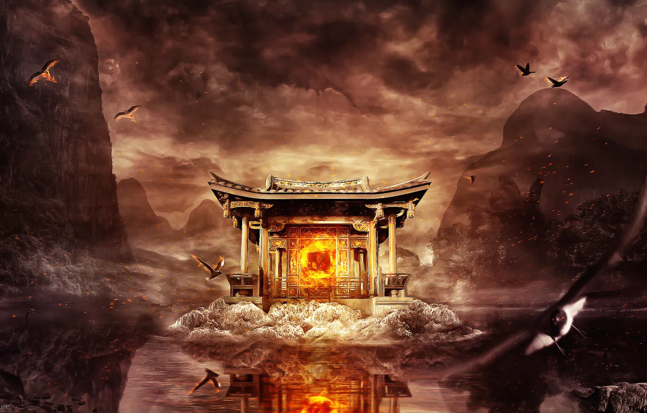Photo wallpaper the sky, water, trees, birds, reflection, fire, sparks, temple