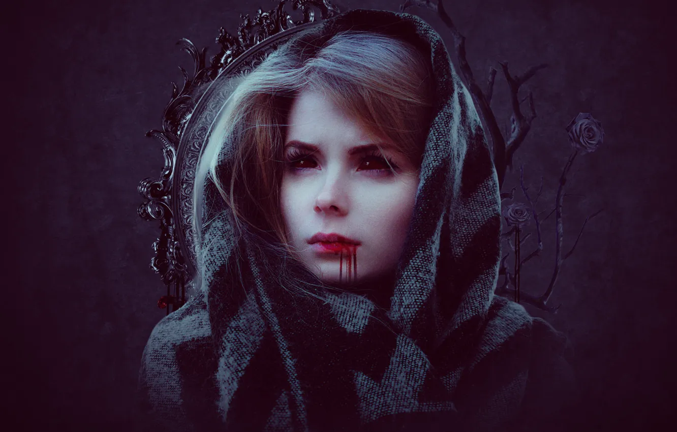 Photo wallpaper girl, roses, blood on the lips, Gothic elements
