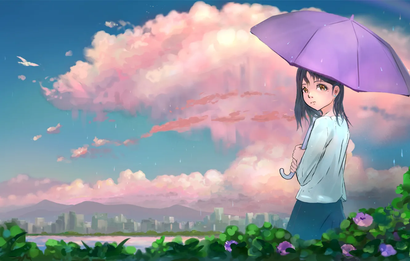 Photo wallpaper water, girl, flowers, nature, the city, rain, umbrella