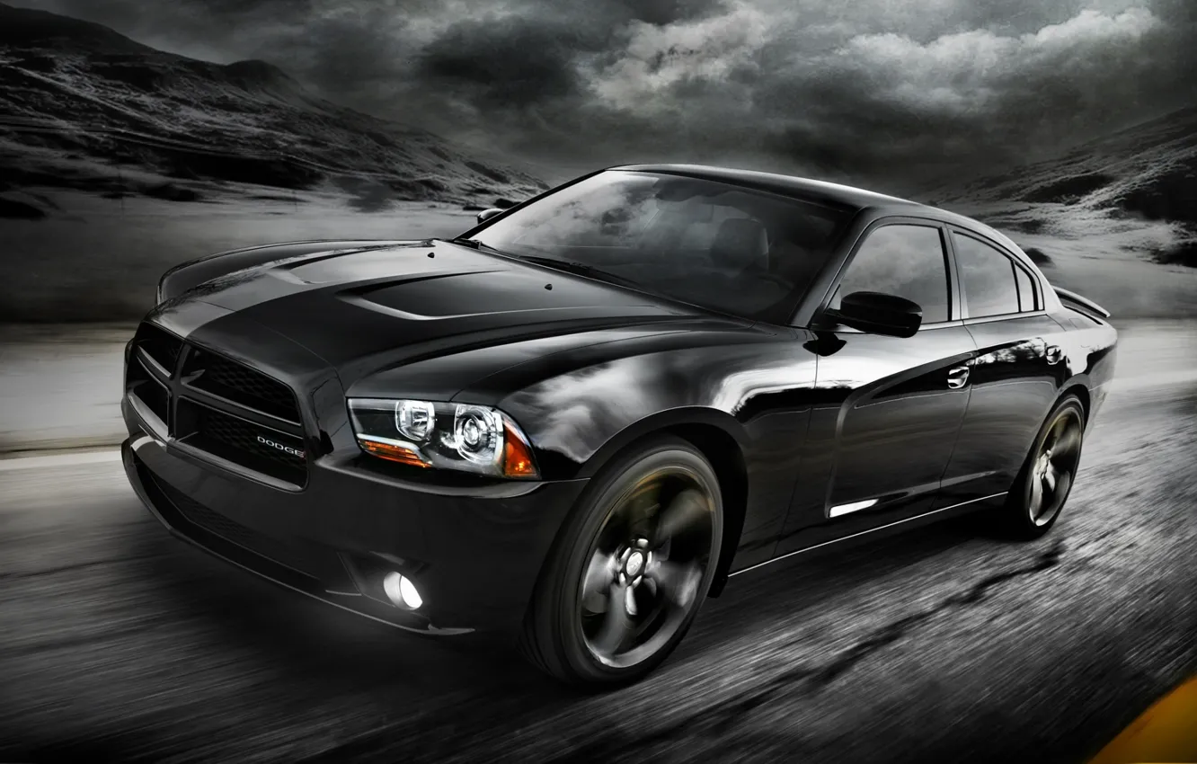 Photo wallpaper road, the sky, clouds, black, 2012, Dodge, dodge, charger