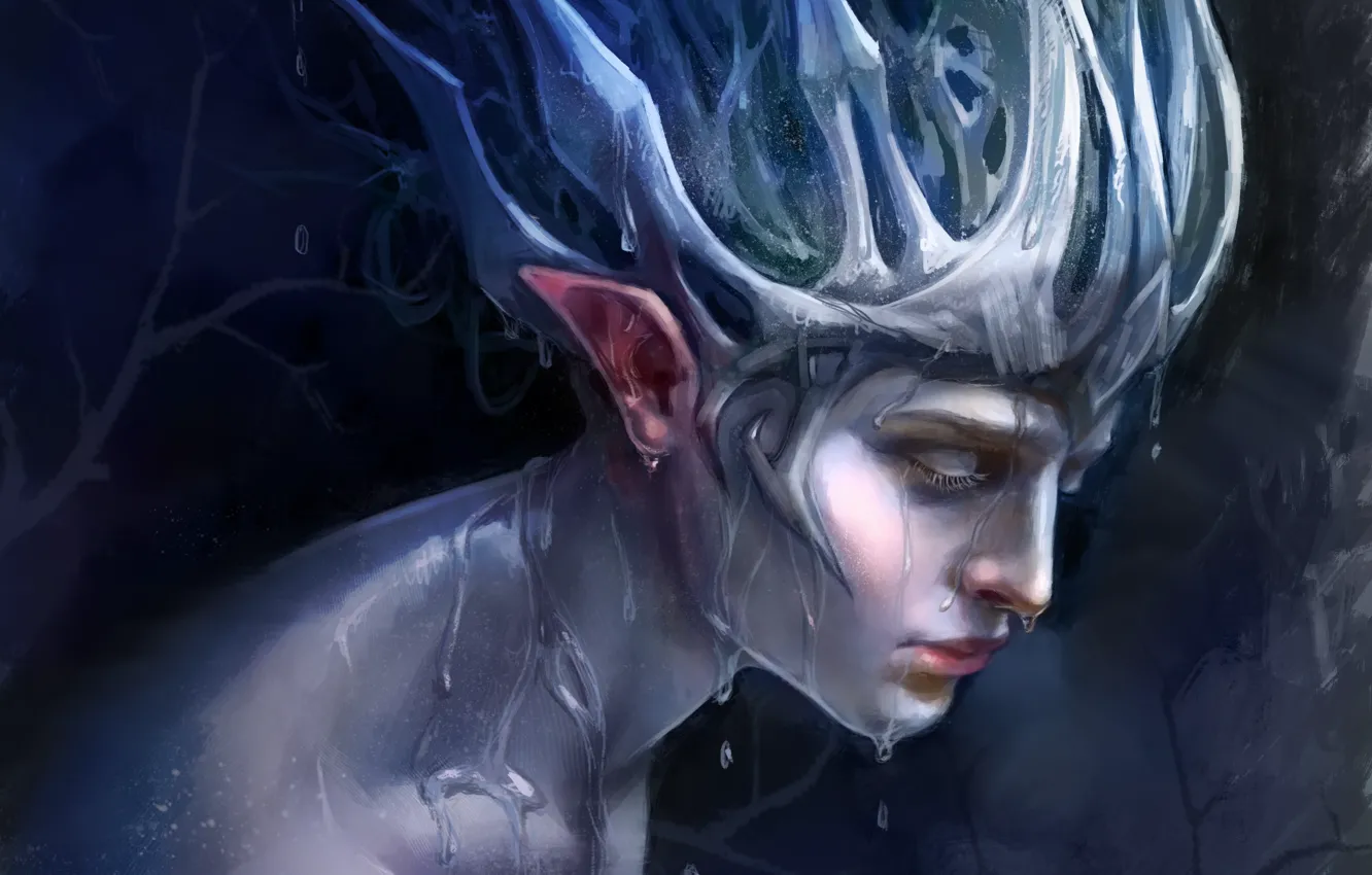 Photo wallpaper water, drops, fiction, elf, being, profile, ears