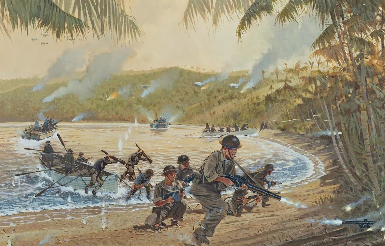 Photo wallpaper fire, war, smoke, figure, soldiers, boats, Laguna, shots