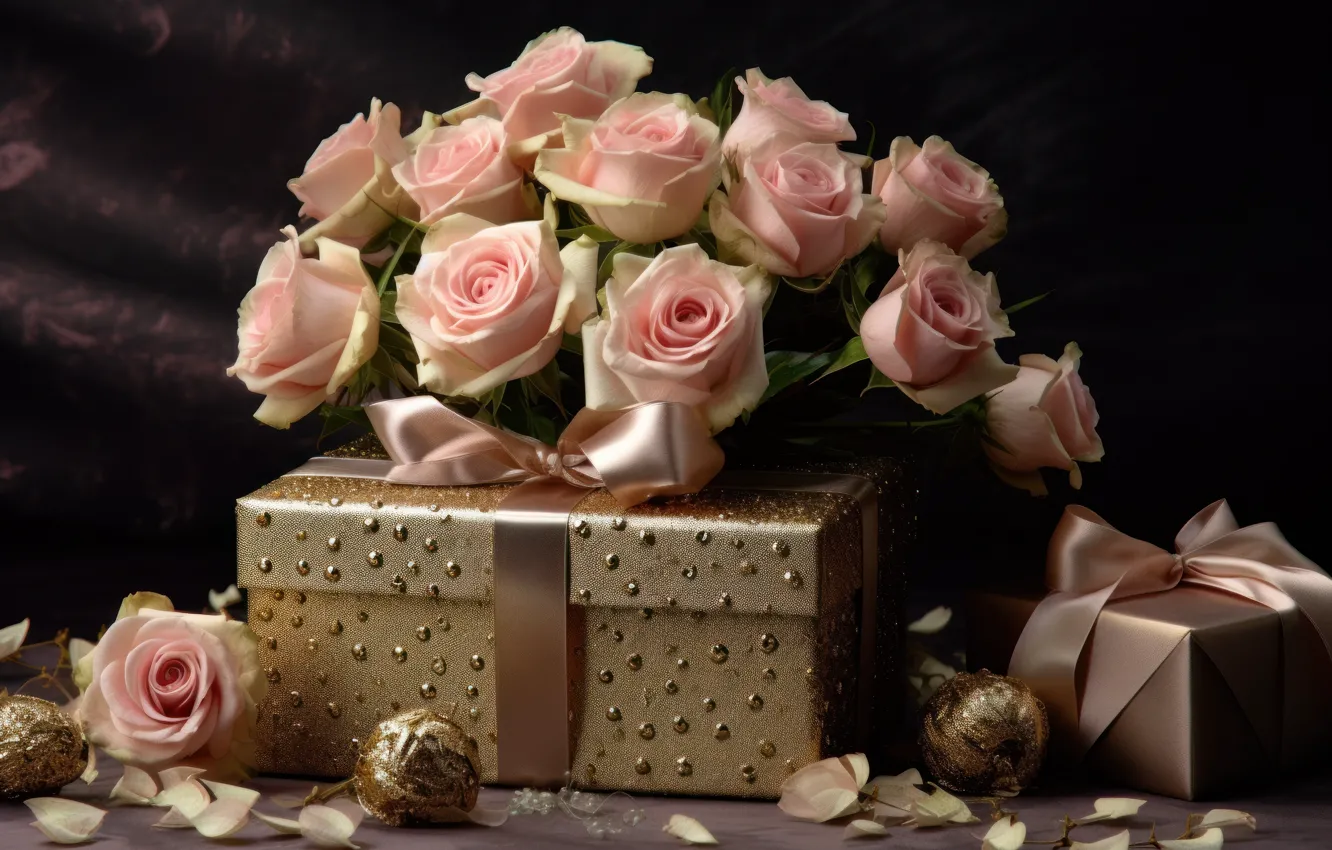 Photo wallpaper flowers, birthday, holiday, gift, roses, bouquet, candles, bow