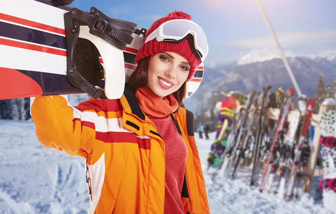 Photo wallpaper winter, the sun, snow, mountains, smile, background, stay, snowboard