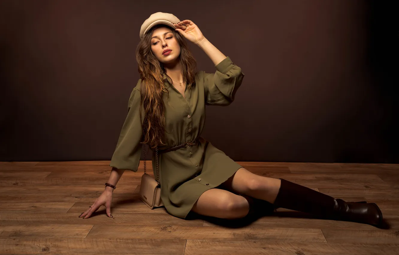 Photo wallpaper pose, background, model, portrait, boots, makeup, figure, dress