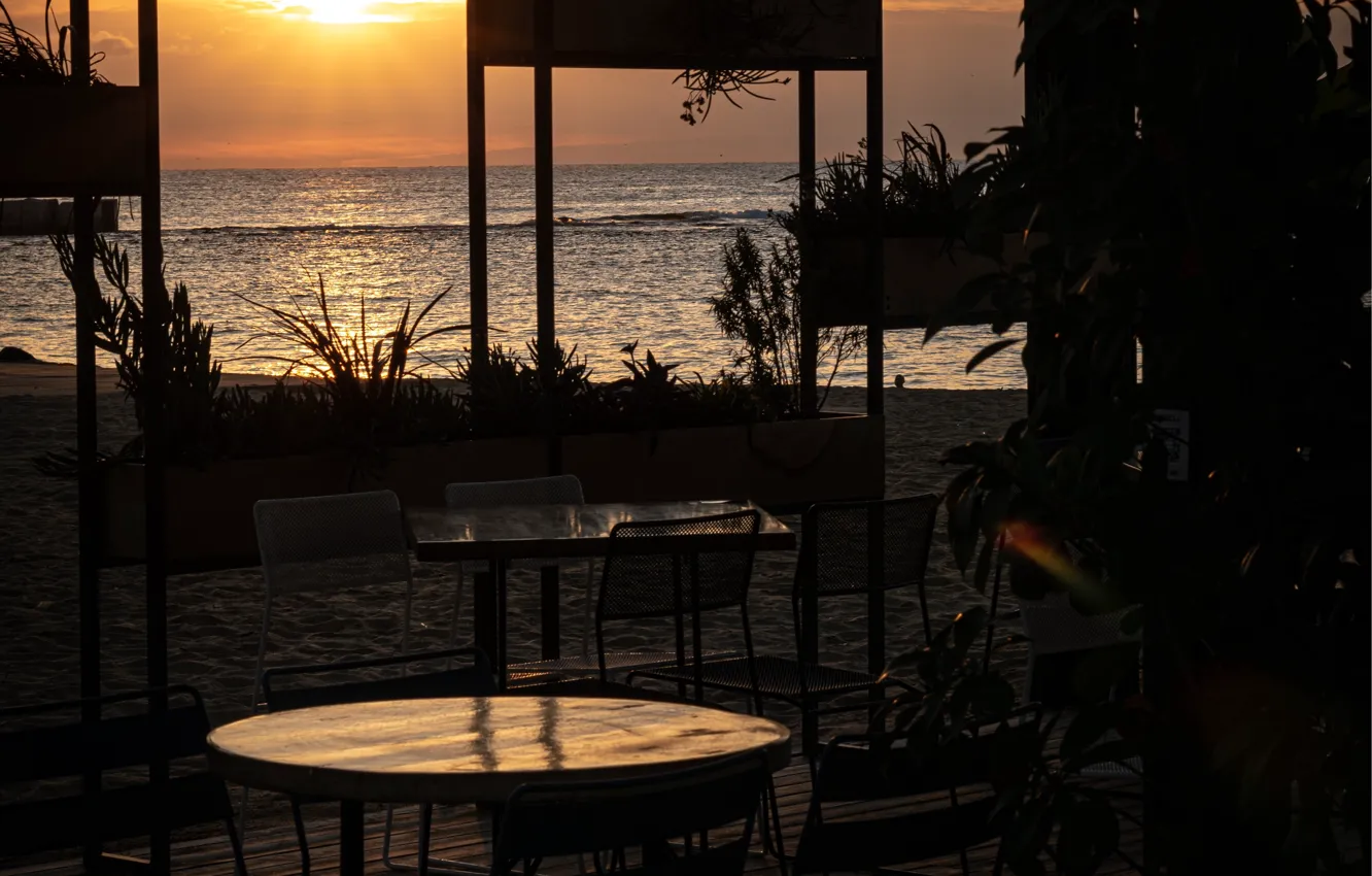 Photo wallpaper sea, water, the sun, sunset, flowers, table, the ocean, chair