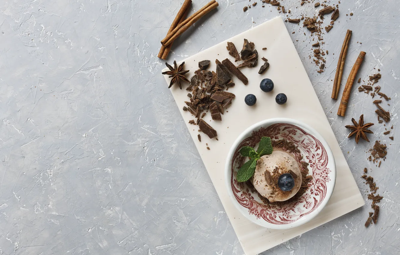 Photo wallpaper berries, chocolate, blueberries, ice cream, cinnamon, dessert, Anis, Ellygri