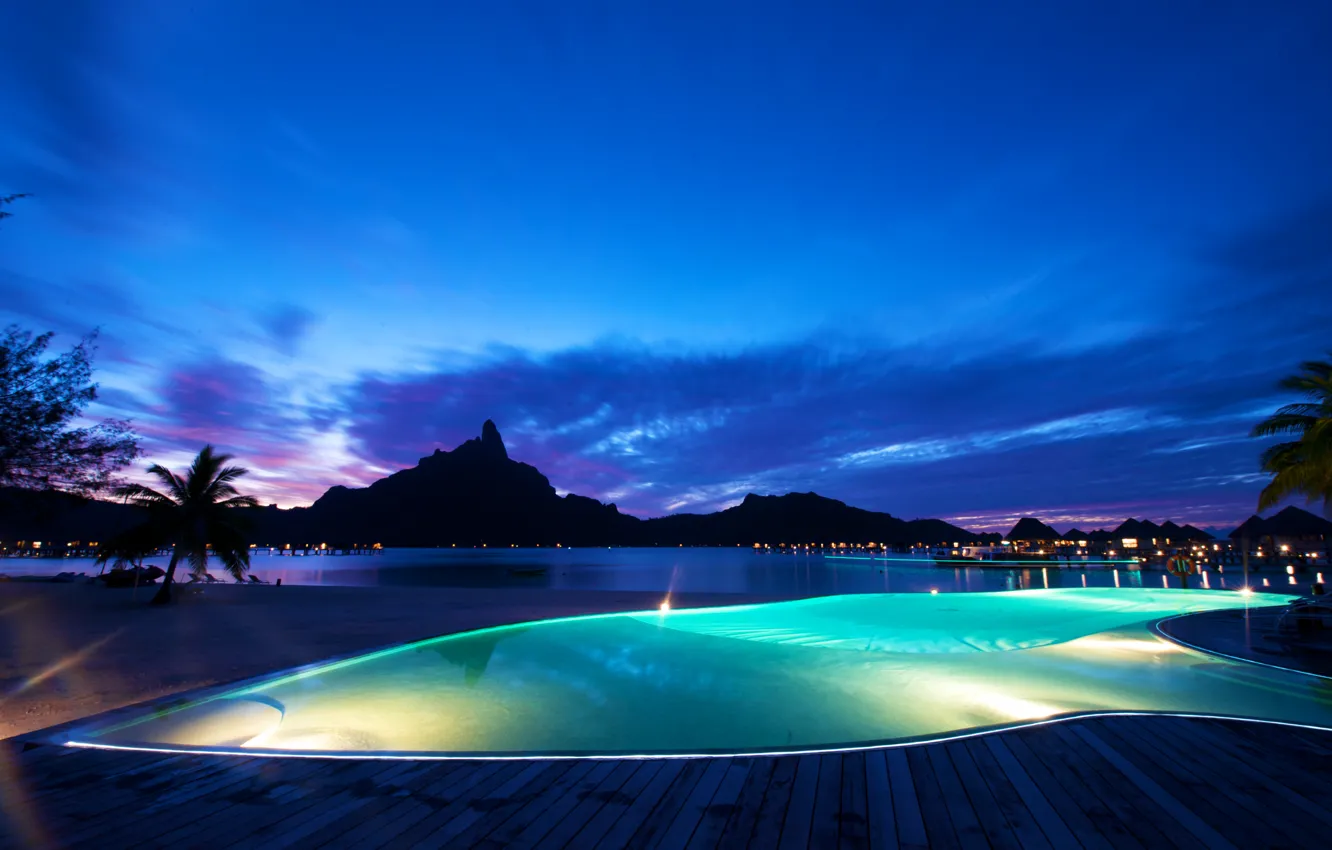 Photo wallpaper night, the ocean, pool, resort, Bora-Bora at night