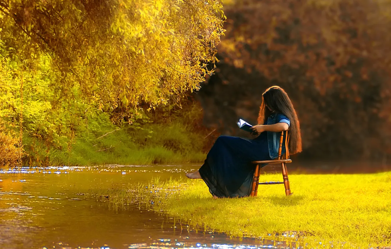 Photo wallpaper autumn, grass, girl, trees, branches, Park, shore, glade