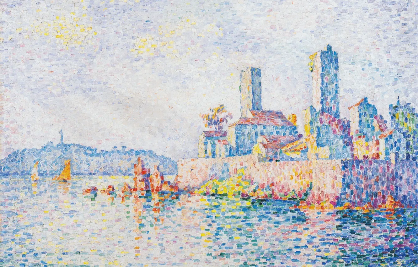 Photo wallpaper sea, landscape, the city, picture, Paul Signac, pointillism, Antibes. Tower