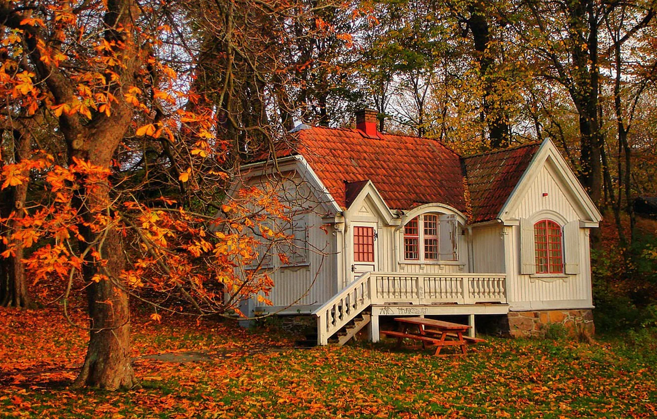 Photo wallpaper autumn, leaves, trees, landscape, nature, house, tree