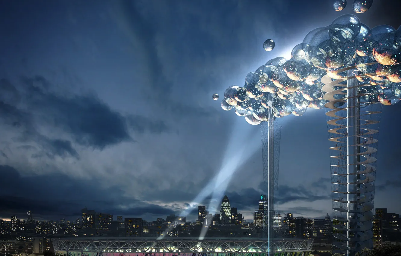 Photo wallpaper balls, London, tower, UK, The project, rays of light, stadium, Olympic games 2012