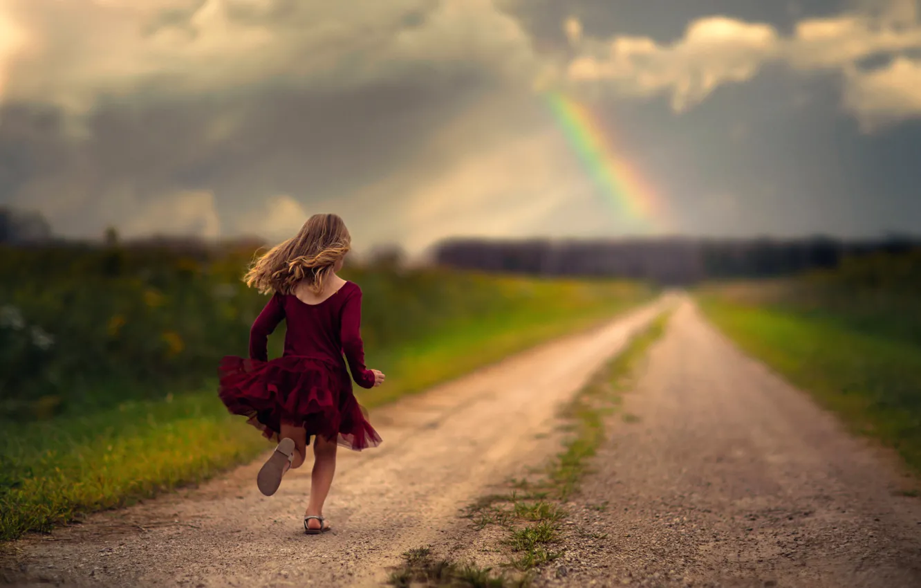 Photo wallpaper road, rainbow, dress, running, girl