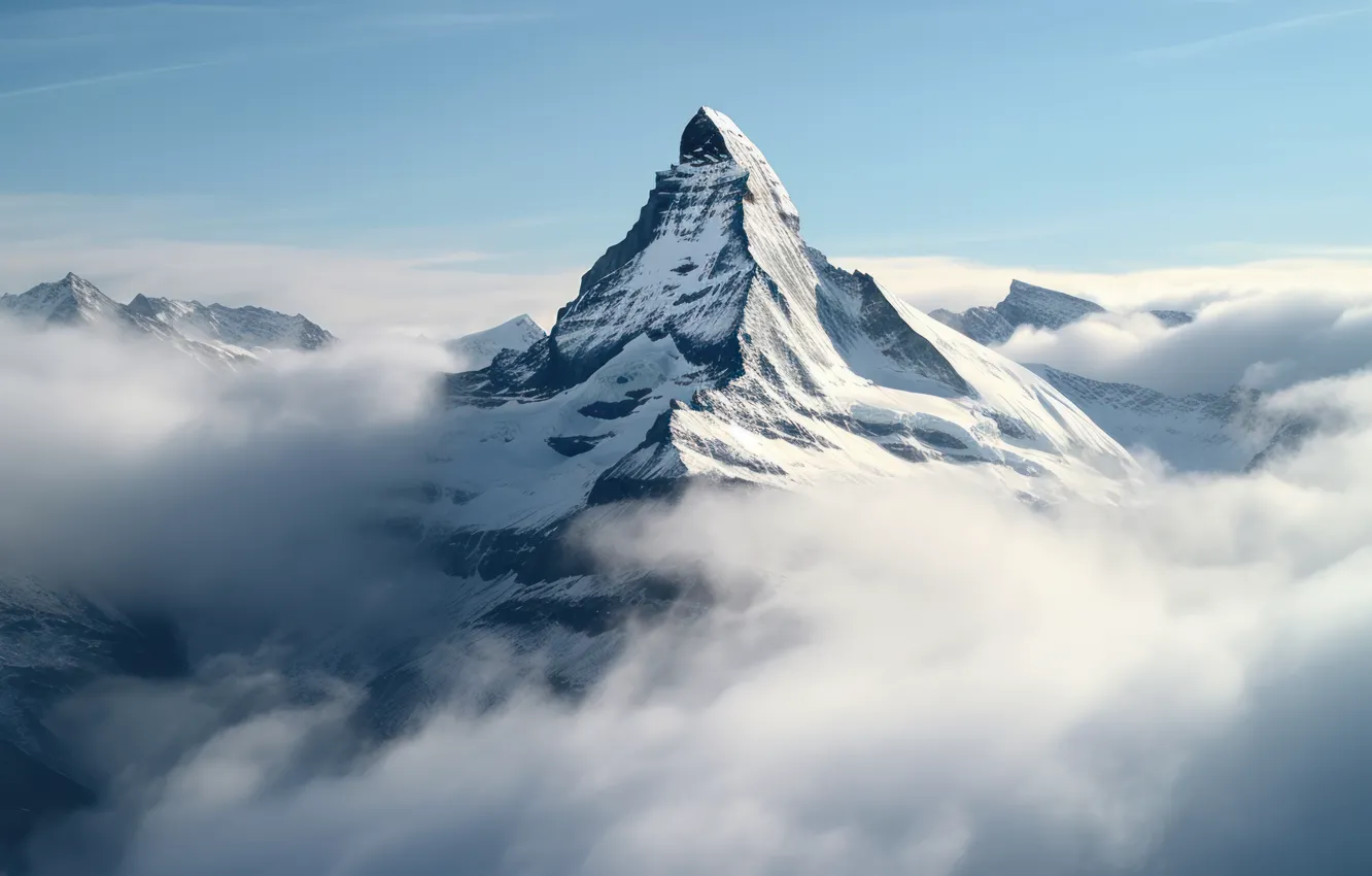 Photo wallpaper winter, clouds, snow, landscape, mountains, nature, fog, rendering