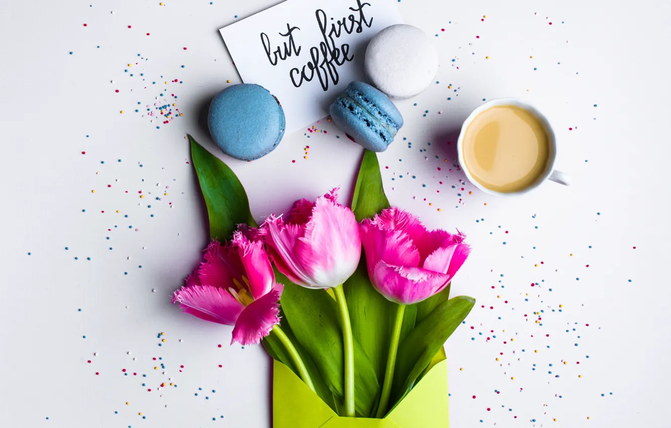 Photo wallpaper flowers, coffee, tulips, pink, pink, flowers, cup, tulips