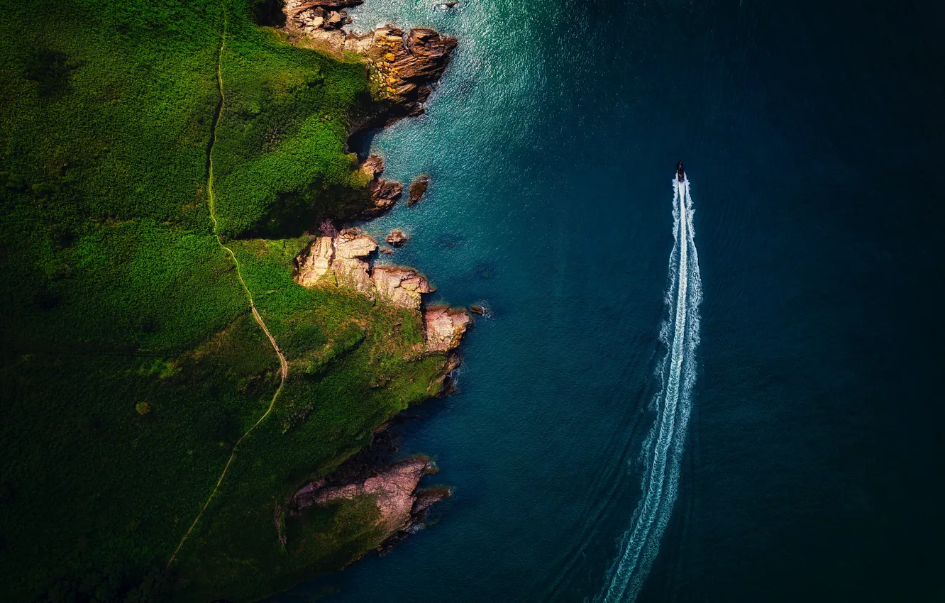Photo wallpaper green, sea, coast, rocks, pathway, boat, Track, aerial view