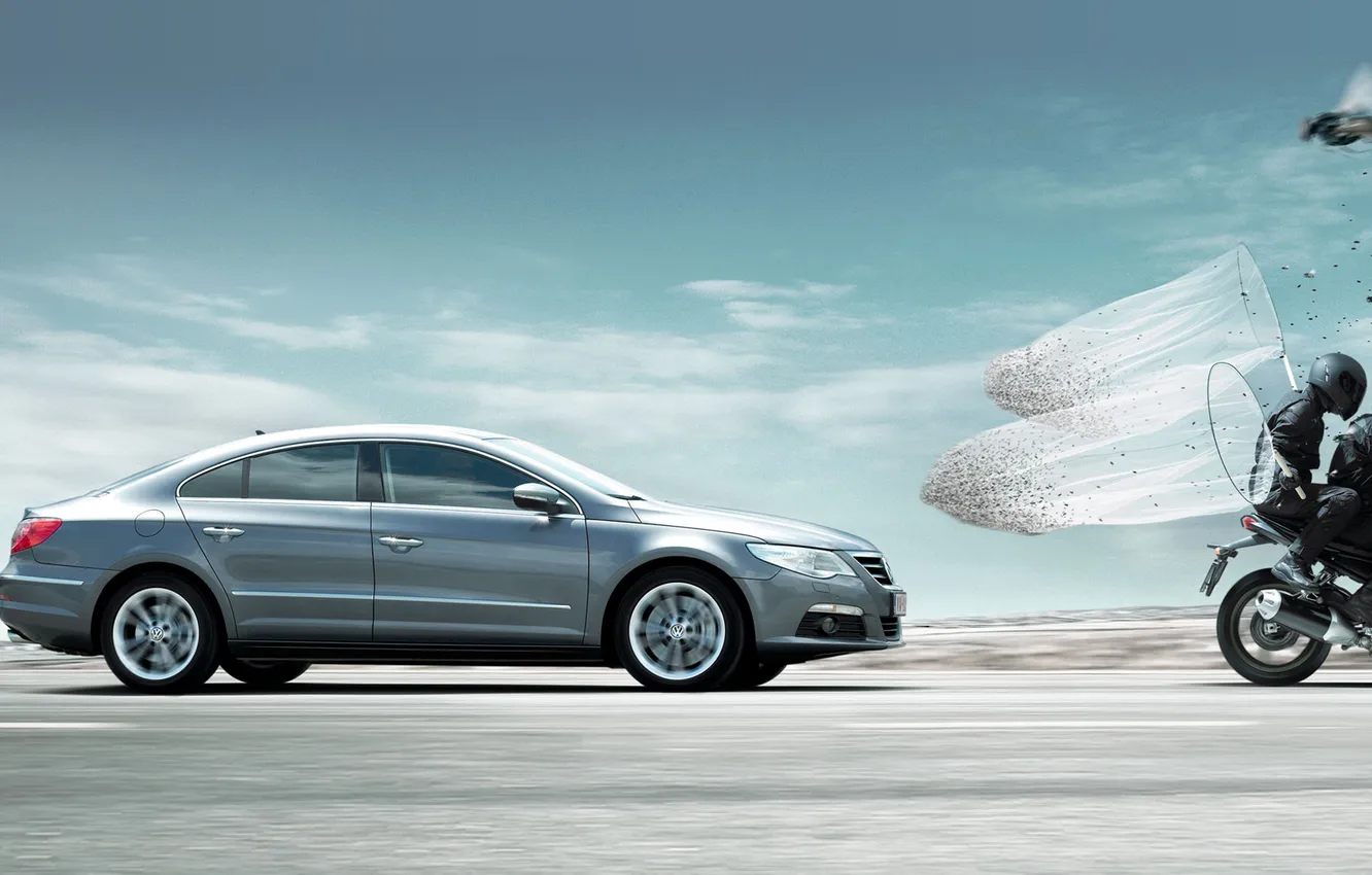 Photo wallpaper road, fly, speed, motorcycle, insect, car